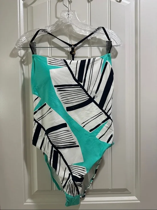 Trina Turk Tropical Leaf One-Piece Swimsuit in Teal and White - Picture 1 of 7